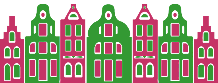 Eine lustige, bunte und gemalte Speicherstadt in den Praxisfarben grün und magenta - Symbol für Hamburg