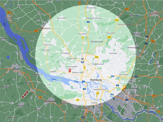 Landkarte auf der kreisrund eine Fläche markiert ist, die ungefähr den Umkreis der mobilen Paarberatung anzeigt